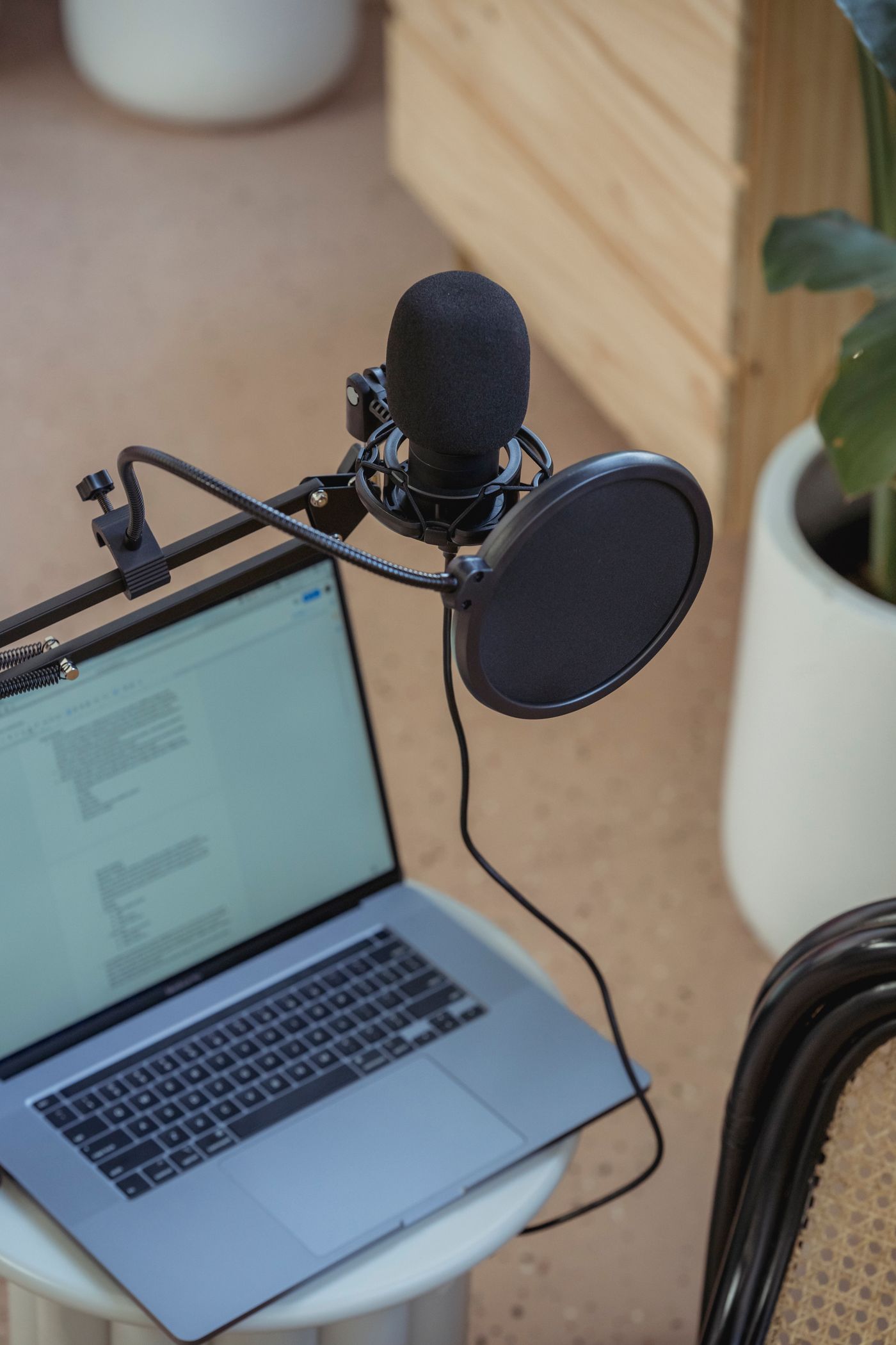 A studio microphone and laptop
